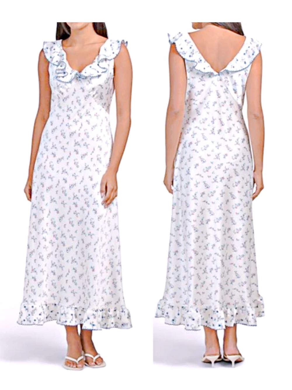 NWT Caroline Constas White Maxi Dress w/ Navy Floral embroidery silky ruffles - Picture 10 of 10